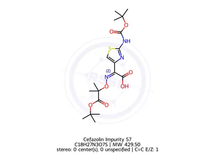 Chemical structure of (Z)-2-(((1-(tert-butoxy)-2-methyl-1-oxopropan-2-yl)oxy)imino)-2-(2-((tert-butoxycarbonyl)amino)thiazol-4-yl)aceticacid