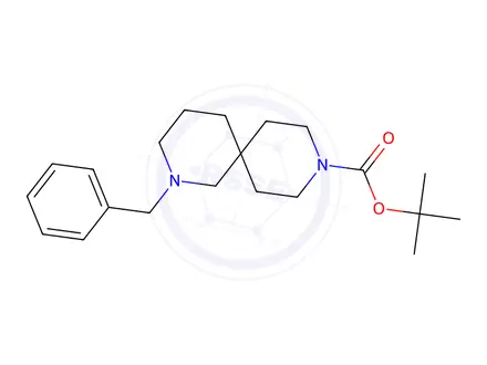Chemical structure of 2,9-Diazaspiro[5.5]undecane-9-carboxylic acid, 2-(phenylmethyl)-, 1,1-dimethylethyl ester