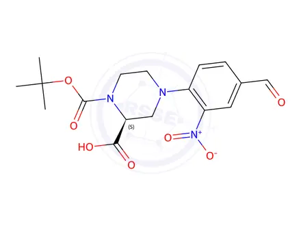 Chemical structure of (S)-1-(tert-Butoxycarbonyl)-4-(4-formyl-2-nitrophenyl)piperazine-2-carboxylic acid