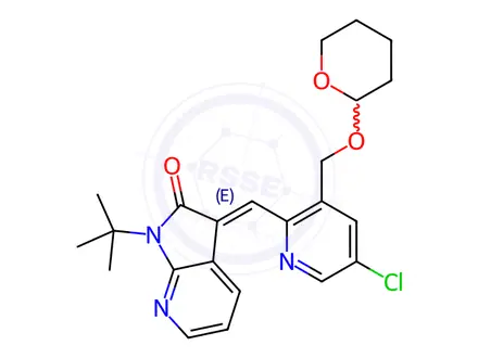 Chemical structure of 2H-Pyrrolo[2,3-b]pyridin-2-one, 3-[[5-chloro-3-[[(tetrahydro-2H-pyran-2-yl)oxy]methyl]-2-pyridinyl]methylene]-1-(1,1-dimethylethyl)-1,3-dihydro-, (3E)-