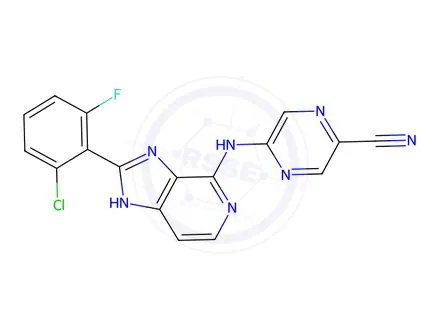 Chemical structure of 5-((2-(2-Chloro-6-fluorophenyl)-3H-imidazo[4,5-c]pyridin-4-yl)amino)pyrazine-2-carbonitrile
