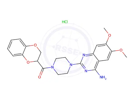 Chemical structure of (4-(4-Amino-6,7-dimethoxyquinazolin-2-yl)piperazin-1-yl)(2,3-dihydrobenzo[b][1,4]dioxin-2-yl)methanone hydrochloride