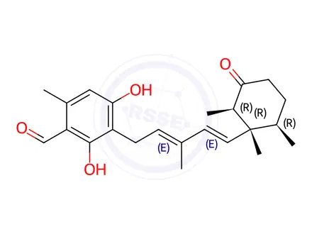 Chemical structure of Benzaldehyde, 2,4-dihydroxy-6-methyl-3-[(2E,4E)-3-methyl-5-[(1R,2R,6R)-1,2,6-trimethyl-3-oxocyclohexyl]-2,4-pentadien-1-yl]-