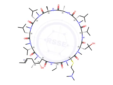 Chemical structure of (3S,6S,9S,12R,15S,18S,21S,24S,27R,30S,33S)-27-((2-(Dimethylamino)ethyl)thio)-30-ethyl-33-((1R,2R,E)-1-hydroxy-2-methylhex-4-en-1-yl)-24-(2-hydroxy-2-methylpropyl)-6,9,18-triisobutyl-3,21-diisopropyl-1,4,7,10,12,15,19,25,28-nonamethyl-1,4,7,10,13,16,19,22,25,28,31-undecaazacyclotritriacontan-2,5,8,11,14,17,20,23,26,29,32-undecaone