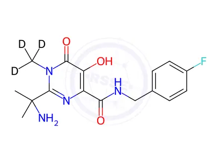 Chemical structure of 2-(1-Amino-1-methylethyl)-N-(4-fluorobenzyl)-5-hydroxy-1-methyl-6-oxo-1,6-dihydropyrimidine-4-carboxamide-d3