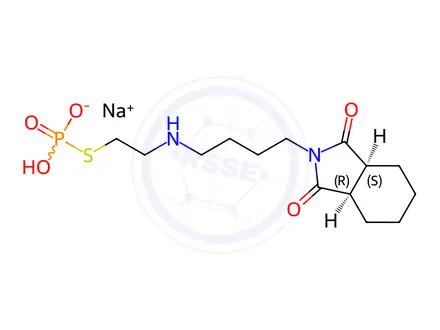 Chemical structure of sodium (3aR,7aS)-2-[4-[2-(hydroxy-oxido-phosphoryl)sulfanylethylamino] butyl]-3a,4,5,6,7,7a-hexahydroisoindole-1,3-dione