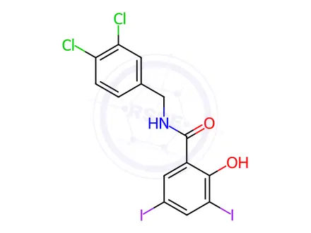 Chemical structure of N-[(3,4-Dichlorophenyl)methyl]-2-hydroxy-3,5-diiodobenzamide