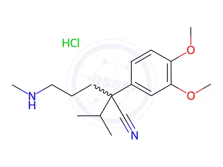 Chemical structure of 3,4-Dimethoxy-a-[3-(methylamino)propyl]-a-(1-methylethyl)-benzeneacetonitrile Hydrochloride
