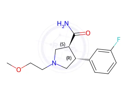 Chemical structure of (3S,4R)-4-(3-Fluorophenyl)-1-(2-methoxyethyl)pyrrolidine-3-carboxamide