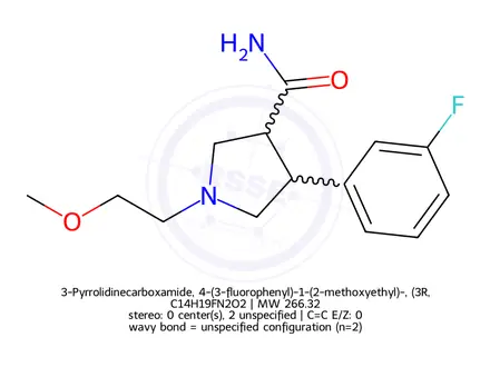 Chemical structure of (3S,4R)-4-(3-Fluorophenyl)-1-(2-methoxyethyl)pyrrolidine-3-carboxamide