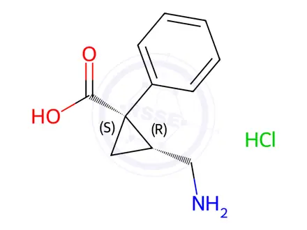 Chemical structure of (+)-Cis-2-aminomethyl-1-phenylcyclopropanecarboxylic acid.Hydrocholide