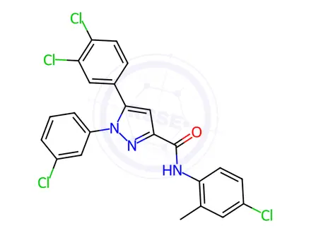 Chemical structure of N-(4-chloro-2-methylphenyl)-1-(3-chlorophenyl)-5-(3,4-dichlorophenyl)-1H-pyrazole-3-carboxamide