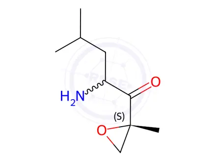 Chemical structure of (R)-2-amino-4-methyl-1-((S)-2-methyloxiran-2-yl)pentan-1-one