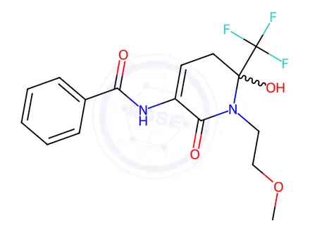 Chemical structure of N-[6-Hydroxy-1-(2-methoxyethyl)-2-oxo-6-(trifluoromethyl)-1,2,5,6-tetrahydropyridin-3-yl]benzamide