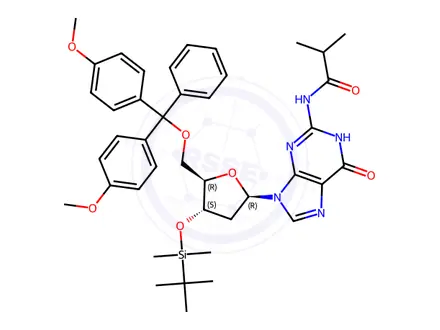 Chemical structure of Guanosine, 5'-O-[bis(4-methoxyphenyl)phenylmethyl]-2'-deoxy-3'-O-[(1,1-dimethylethyl)dimethylsilyl]-N-(2-methyl-1-oxopropyl)-