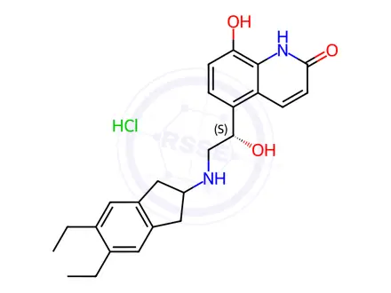 Chemical structure of (S)-5-(2-((5,6-diethyl-2,3-dihydro-1H-inden-2-yl)amino)-1-hydroxyethyl)-8-hydroxyquinolin-2(1H)-one Hydrochloride