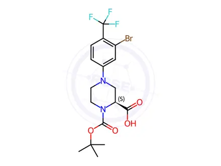 Chemical structure of (S)-4-(3-Bromo-4-(trifluoromethyl)phenyl)-1-(tert-butoxycarbonyl)piperazine-2-carboxylic acid