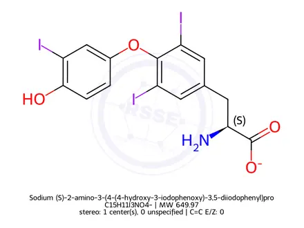 Chemical structure of Sodium (S)-2-amino-3-(4-(4-hydroxy-3-iodophenoxy)-3,5-diiodophenyl)propanoate hydrate