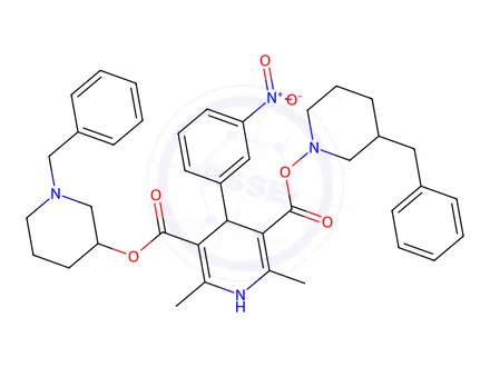Chemical structure of 3-(3-Benzylpiperidin-1-yl) 5-(1-benzylpiperidin-3-yl) 2,6-dimethyl-4-(3-nitrophenyl)-1,4-dihydropyridine-3,5-dicarboxylate
