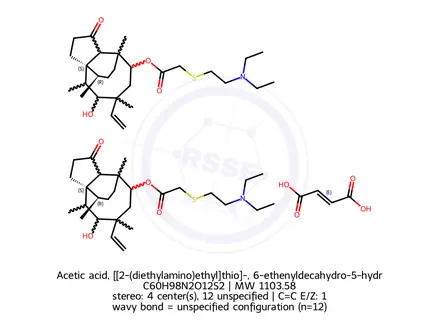 Chemical structure of Acetic acid, [[2-(diethylamino)ethyl]thio]-, 6-ethenyldecahydro-5-hydroxy-4,6,9,10-tetramethyl-1-oxo-3a,9-propano-3aH-cyclopentacycloocten-8-yl ester, [3aS-(3aalpha,4beta,5alpha,6alpha,8beta,9alpha,9abeta,10S*)]-, (E)-2-butenedioate (2:1) (