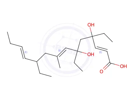 Chemical structure of 4,6-dihydroxy-8-methyl-4,6,10-triethyltetradeca-2,7,11-trienoic acid