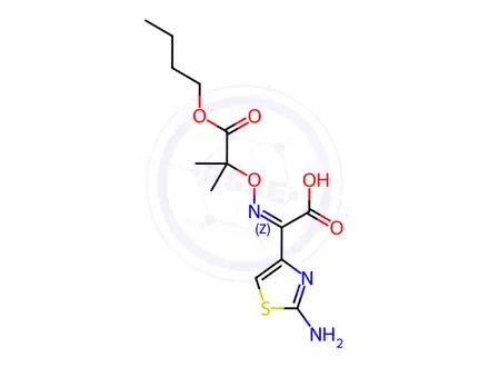 Chemical structure of (2Z)-2-(2-amino-1,3-thiazol-4-yl)-2-(1-butoxy-2-methyl-1-oxopropan-2-yl)oxyiminoacetic acid