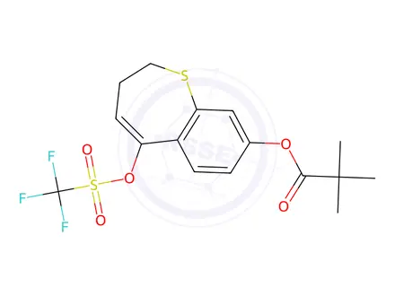 Chemical structure of 5-(((trifluoromethyl)sulfonyl)oxy)-2,3-dihydrobenzo[b]thiepin-8-yl pivalate