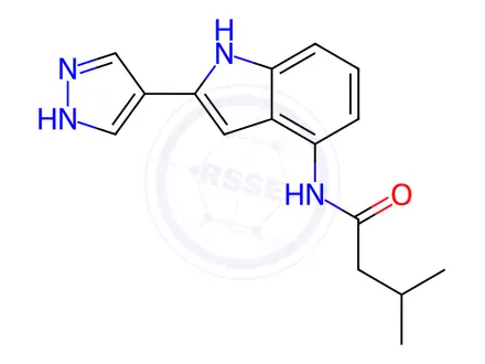 Chemical structure of N-(2-(1H-Pyrazol-4-yl)-1H-indol-4-yl)-3-methylbutanamide