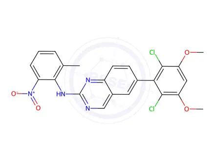 Chemical structure of 6-(2,6-dichloro-3,5-dimethoxyphenyl)-N-(2-methyl-6-nitrophenyl)quinazolin-2-amine