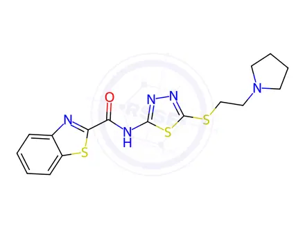 Chemical structure of N-(5-((2-(Pyrrolidin-1-yl)ethyl)thio)-1,3,4-thiadiazol-2-yl)benzo[d]thiazole-2-carboxamide