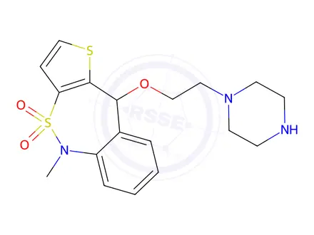 Chemical structure of 5-methyl-10-(2-(piperazin-1-yl)ethoxy)-5,10-dihydrobenzo[c]thieno[2,3-f][1,2]thiazepine 4,4-dioxide