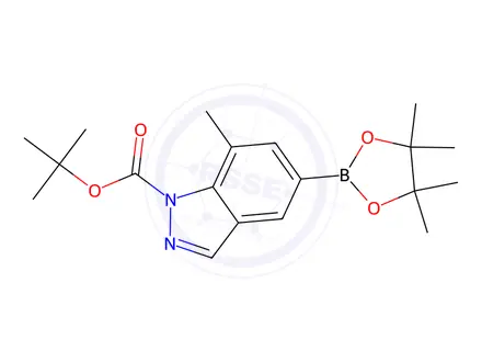 Chemical structure of tert-Butyl 7-methyl-5-(4,4,5,5-tetramethyl-1,3,2-dioxaborolan-2-yl)-1H-indazole-1-carboxylate