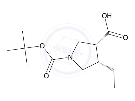 Chemical structure of 1,3-Pyrrolidinedicarboxylic acid, 4-ethyl-, 1-(1,1-dimethylethyl) ester, (3R,4S)