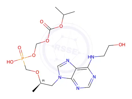 Chemical structure of ((hydroxy((((R)-1-(6-((2-hydroxyethyl)amino)-9H-purin-9-yl)propan-2-yl)oxy)methyl)phosphoryl)oxy)methyl isopropyl carbonate