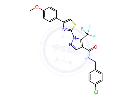 Chemical structure of N-[(4-Chlorophenyl)methyl]-1-[4-(4-methoxyphenyl)-1,3-thiazol-2-yl]-5-(trifluoromethyl)-1H-pyrazole-4-carboxamide
