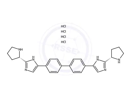 Chemical structure of 4,4'-Bis(2-((S)-pyrrolidin-2-yl)-1H-imidazol-5-yl)-1,1'-biphenyl tetrahydrochloride