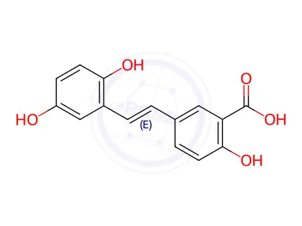 Chemical structure of trans-1-(3'-Carboxy-4'-hydroxyphenyl)-2-(2,5-dihydroxyphenyl)ethene