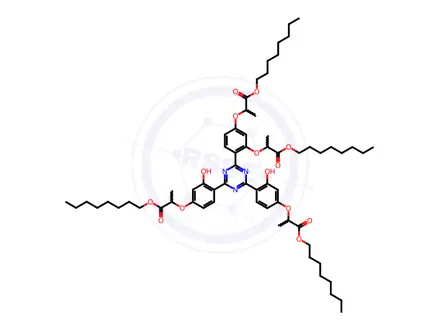 Chemical structure of Octyl 2-[4-[4-[2,4-bis[(1-octoxy-1-oxopropan-2-yl)oxy]phenyl]-6-[2-hydroxy-4-(1-octoxy-1-oxopropan-2-yl)oxyphenyl]-1,3,5-triazin-2-yl]-3-hydroxyphenoxy]propanoate (Appolo-477)