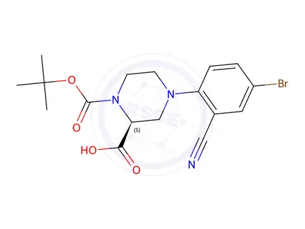 Chemical structure of (S)-4-(4-Bromo-2-cyanophenyl)-1-(tert-butoxy-carbonyl)piperazine-2-carboxylic acid