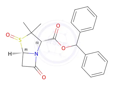 Chemical structure of 4-Thia-1-azabicyclo[3.2.0]heptane-2-carboxylicacid, 3,3-dimethyl-7-oxo-, diphenylmethyl ester, 4-oxide, (2S,5R)-