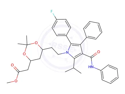 Chemical structure of (6-{2-[2-(4-Fluoro-phenyl)-5-isopropyl-3-phenyl-4-phenylcarbamoyl-pyrrol-1-yl]-ethyl}-2,2-dimethyl-[1,3]dioxan-4-yl)-acetic acid methyl ester