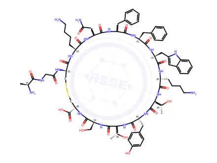 Chemical structure of (4R,7S,10S,13S,16S,19S,22S,25S,28S,31S,34S,37R)-22-((1H-Indol-3-yl)methyl)-31-(2-amino-2-oxoethyl)-19,34-bis(4-aminobutyl)-37-(2-((S)-2-aminopropanamido)acetamido)-25,28-dibenzyl-13-(4-hydroxybenzyl)-10,16-bis((R)-1-hydroxyethyl)-7-(hydroxymethyl)-6,9,12,15,18,21,24,27,30,33,36-undecaoxo-1,2-dithia-5,8,11,14,17,20,23,26,29,32,35-undecaazacyclooctatriacontane-4-carboxylic Acid