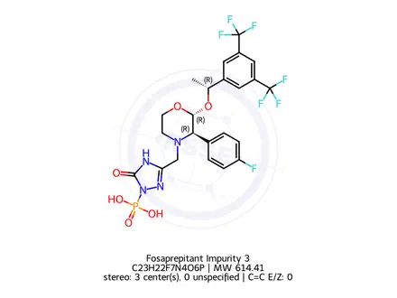 Chemical structure of (3-(((2R,3R)-2-((R)-1-(3,5-bis(Trifluoromethyl)phenyl)ethoxy)-3-(4-fluorophenyl)morpholino)methyl)-5-oxo-4,5-dihydro-1H-1,2,4-triazol-1-yl)phosphonic Acid