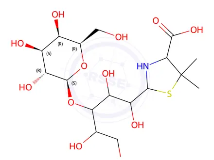 Chemical structure of 5,5-Dimethyl-2-(1,2,4,5-tetrahydroxy-3-(((2S,3R,4S,5R,6R)-3,4,5-trihydroxy-6-(hydroxymethyl)tetrahydro-2H-pyran-2-yl)oxy)pentyl)thiazolidine-4-carboxylic Acid