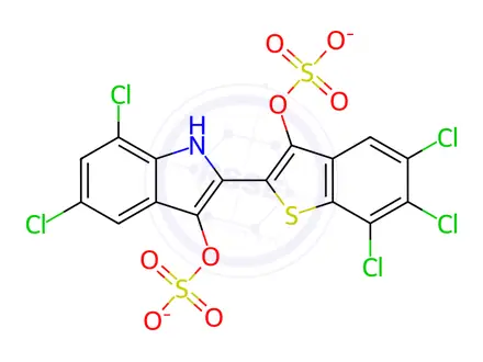 Chemical structure of 5,7-Dichloro-2-[5,6,7-trichloro-3-(sodiosulfooxy)benzo[b]thiophen-2-yl]-1H-indol-3-ol (sulfuric acid sodium) salt