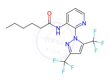 Chemical structure of N-{2-[3,5-bis(trifluoromethyl)-1H-pyrazol-1-yl]pyridin-3-yl}hexanamide