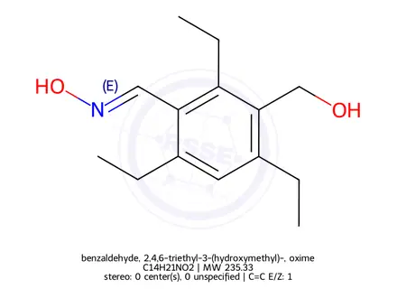 Chemical structure of benzaldehyde, 2,4,6-triethyl-3-(hydroxymethyl)-, oxime