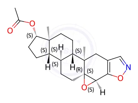 Chemical structure of (1S,3aS,3bS,5aS,6aS,10aR,10bS,12aS)-10a,12a-Dimethyl-1,2,3,3a,3b,4,5,6a,10,10a,10b,11,12,12a-tetradecahydrocyclopenta[7,8]oxireno[2',3':1,10a]phenanthro[3,2-d]isoxazol-1-yl acetate