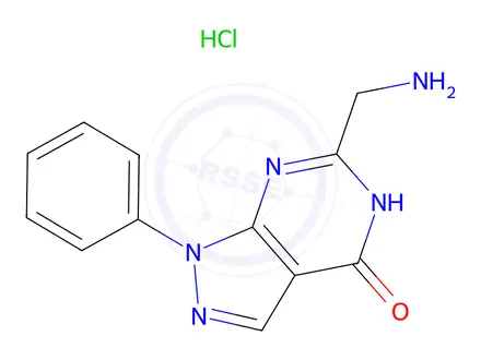 Chemical structure of 6-(Aminomethyl)-1-phenyl-1,5-dihydro-4H-pyrazolo[3,4-d]pyrimidin-4-one hydrochloride
