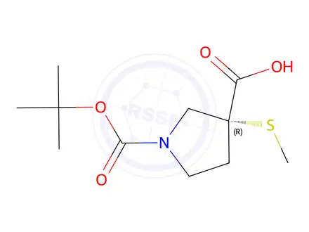 Chemical structure of (R)-1-(tert-butoxycarbonyl)-3-(methylthio)pyrrolidine-3-carboxylic acid